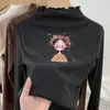 Camisa Base de Veludo com Babados para Meninas Outono e Inverno 2025 Novo Estilo para Crianças Maiores, Camiseta de Manga Longa com Gola Meia-Alta de Renda para Inverno