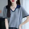 Verão 2026 Novo Estilo Gola Polo Lyocell Color Block Lapela Malha Top Feminino Manga Curta Fino