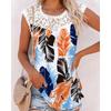Camiseta de Manga Corta Estampada con Retazos de Encaje de Verano Europea y Americana 2023 Moda Femenina Transfronteriza Artículo Popular