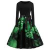 St. Dia de São Patrício Transfronteiriço AliExpress Retrô Feminino Gola Redonda Manga Longa Cor Contrastante Posicionamento Estampado Grande Balanço Vestido 1094