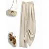 Pantalones Casuales de Verano de Pierna Ancha Estrecha con Pliegues Finos, Nuevo Estilo, Caída, Cintura Alta, Holgados, Adelgazantes, Algodón Lino, Pantalones Largos con Cordón