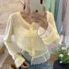 Cárdigan de punto de manga larga con cuello en V y bloques de color de estilo suave para mujer, diseño popular de primavera, corte holgado, adecuado para ir al trabajo y protección solar