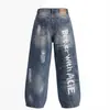 Jeans Vintage de Perna Larga com Grafite para Homens e Mulheres, Novo 2026 Primavera/Outono Emagrecedor Solto Estilo Americano Perna Reta Calças Curvas
