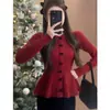 Falda Roja Pequeña de Punto para Mujer Año Nuevo Otoño e Invierno Manga Larga Tejido de Punto Adelgazante Elegante Brillante Ajustado de Punto Blanco Talla Única