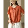Cárdigan de Lino Lavado Importado Vintage con Cordón Ajustable para Mujer, Cuello Redondo, Manga Corta, Blusa de Color Sólido