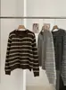 KEKEZOON suéter cárdigan de moda retro versátil de cuello redondo a bloques de color a rayas de manga larga de un solo botón 8964