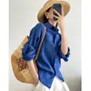 Artículos de Calidad Original de Fila~ Camisa de Lino Azul Klein de Manga Larga para Mujer, Estilo Holgado y Relajado Primavera/Verano con un Toque de Alta Gama