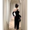 Vestido Sexy de Veludo Preto Tomara-que-caia de Um Ombro para Mulheres, Vestido de Festa de Outono para Cocktail com Fenda na Cintura e Saia Longa