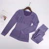 Conjunto Térmico de Ropa Interior para Mujer Otoño e Invierno, Aspecto Adelgazante Sin Costuras, Cuello Redondo, Camiseta Básica para la Cintura, Ropa de Otoño para Mujer y Pantalones Largos