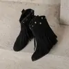 Tallas 34-43 Botas de Borlas para Mujer Otoño e Invierno con Tacón de Cuña, Botas de Media Caña Antideslizantes de Goma para Mujer, Botas sin Cordones de Punta Redonda Talla Grande para Venta Transfronteriza