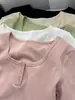 Camiseta de Manga Corta Ajustada con Cuello en U para Mujer, Estilo Veraniego con Diseño de Botones, Largo Corto para Figuras Petites, Top de Algodón Canalé Pure Desire