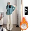 Calças de maternidade para outono e inverno, calças largas petite, calças casuais retas com forro de fleece, calças compridas plus size para gravidez, para usar na primavera e no outono