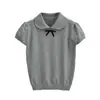 Ropa de Mujer al por Mayor Transfronteriza Estilo Academia Francesa Color Sólido Delgada Solapa Camisa de Punto Camiseta de Manga Corta Nuevo Top de Verano