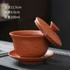 Gaiwan de três peças em argila roxa para atrair riqueza e tesouros, gaiwan de chá em relevo, gaiwan cerâmico de estilo chinês para uso doméstico, conjunto de chá kung fu, xícara de chá