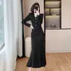 Vestido de Cola de Pescado de Encaje Peludo de Manga Larga con Cuello en V, Elegante, de Alta Gama, con Estilo, Retro, Vestido Largo de Noche