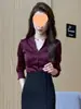 Traje de Moda Elegante de Gama Alta Camisa de Satén con Cuello en V Manga Larga para Mujer Falda Larga con Abertura de Cintura Alta Conjunto de Dos Piezas