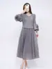 Moda Primavera y Verano Vestido Plisado 2025 Nuevo Transfronterizo Elegante Elegante Cuello Redondo Manga Larga Falda de Longitud Media Ropa de Mujer