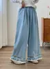 Jeans Wide-leg Bordado em Renda Retrô Verão 2026 Calças Retas Largas Estilo Étnico Artístico Feminino