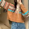 Tricô Crochet Estilo Étnico Retrô com Decote V e Cadarço para Mulheres Primavera & Outono 2025 Novo Design Solto de Manga Longa