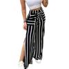 Ropa de Mujer de Comercio Exterior Europea y Americana Pantalones Largos Estampados a Rayas Nuevos con Abertura Alta Cintura Elástica Pantalones de Pierna Ancha para Mujer