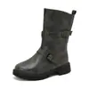 Botas de mujer de caña media con punta redonda y hebilla de cinturón, botas vaqueras para exteriores estilo europeo y americano, comercio exterior transfronterizo, botas de talla grande 35-48