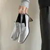 Zapatos de tacón medio de cuero de vaca de primera capa para mujer, Novedades de primavera, Zapatos de vestir cuadrados retro de cuero genuino en dorado y plateado para mujer