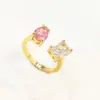 Anillo Abierto de Zirconia Chapado en Oro de 18 Quilates Anillo Ins de Alto Sentido Joyería de Mano Chapada en Cobre Dorado Anillos Transfronterizos Cristal Rosa
