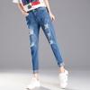 Jeans rasgados de sete pontos para mulheres verão fino 2024 novo emagrecimento de cintura alta calças retas pequenas de sete pontos