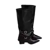 Botas Gruesas de Tacón Alto para Mujer 2025 Nuevas de Primavera y Otoño Punta Fina Caídas Largas Hasta la Rodilla Botas de Montar