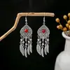 Pendientes Bohemios Azules de Turquesa Estilo Étnico Europeos y Americanos, Pendientes de Borla de Metal Plateado Imitación, Joyería de Borla Vintage para Orejas al por Mayor
