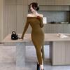 Yujie fan ou meiyou estilo elegante vestido de punto de color liso sin hombros falda de cadera manga larga 2023 nuevo bolsa de cadera mujer