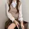 Otoño Nicho Contraste Color Costuras Falso Dos piezas Lar Top Mujer 2024 Nuevo Suéter Corto Ajustado Adelgazante Manga Larga