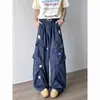 Jeans de trabajo vintage multibolsillos, geniales y estilosos, corte recto, estilo americano, ajuste holgado, bordado floral, de cintura alta, pantalones de pierna ancha