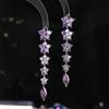 Brincos Flor Craquelada de Gelo Coloridos Agulha de Prata S925 Elegantes Borla Longa Rosa Roxo Gradiente Brincos Indústria Pesada para Mulheres