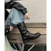 Versión de Piel de Oveja ~ Botas de Moda de Piel de Vaca Botas de Motocicleta Retro Negras Botas Vaqueras de Tacón Bajo para Mujer Botas Cortas con Hebilla de Cinturón de Manga
