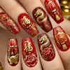 Uñas Postizas Portables Bendición de Año Nuevo Dragón Dorado Ascendente Uñas Postizas Portables Linterna Roja Flor de Lingote Uñas Estilo Ballet
