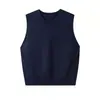 Chaleco de Punto Básico de Lana Merceizada 100% Color Sólido para Primavera y Otoño, Cuello Redondo, Sin Mangas, Suéter de Punto para Mujer, Top con Temperamento