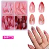 96 piezas de uñas de manicura estilo hada francesa, forma de almendra, hechas a mano, parches de uñas rosas dorados, removibles