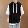 Camiseta masculina curta e moderna estilo americano, falsa peça dupla, nova versão coreana 2026, top com capuz de meia-manga solto e versátil para homens