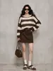 Suéter de punto muy elegante para mujer, color café con rayas, cuello redondo, manga larga, perfecto para otoño, único y hermoso, prenda exterior holgada para figuras petite.