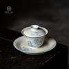 Cuenco de bambú azul pintado a mano de estilo Miji con tapa transparente, juego de té de kung fu de cerámica para el hogar, cuenco de té de mano antiescaldamiento.