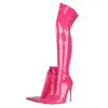 Novas Botas de Moda com Bico Fino, Zíper Traseiro, Salto Alto Fino, Botas Emagrecedoras para Mulheres, Estilo Europeu e Americano Acima do Joelho Botas Longas de Couro Brilhante
