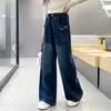 Calça Jeans Wide Leg Feminina Estilo Primavera e Outono 2026 Nova Calça Infantil Estilosa Comprimento Total para Crianças de Meia-Idade e Mais Velhas Perna Reta Roupas de Outono Calças