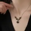 Hanluo~Collar de Cadena para Clavícula Redondo de Piedra Ojo de Tigre Bañado en Oro Real de 18K Retro de Alta Gama Moda Elegante