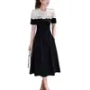 Vestido largo de línea A con bloques de color y empalme de encaje de temperamento francés, lujo ligero, alta gama, para mujer en verano, ajustado a la cintura, que oculta el vientre
