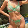 Roupa Íntima Sexual Transfronteiriça Feminina Traje Sexy Bordado com Flores Renda Ultra-fina Calcinha T Transparente Sutiã de Tentação