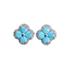 Brincos de Trevo de Quatro Folhas Turquesa Incrustados com Diamantes Estilo Francês Vintage, Brincos Elegantes e Luxuosos com um Toque Moderno de Alto Padrão para Mulheres