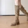 Botas Chuyuji retro de doble uso, con doblez, de tacón alto, plisadas, apiladas, con plataforma gruesa y tacón grueso, hasta la rodilla, de equitación