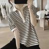 Camiseta de algodón con cuello de muñeca para exportación de comercio exterior, manga abullonada suelta y adelgazante, manga corta que rejuvenece, jersey a rayas para mujer