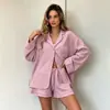 Pijama 100% Algodão 2026 Feminino Outono Inverno Transfronteiriço Europeu Americano Solto Amigo da Pele Manga Longa Shorts Feminino Algodão Seda OZON Roupas de Casa